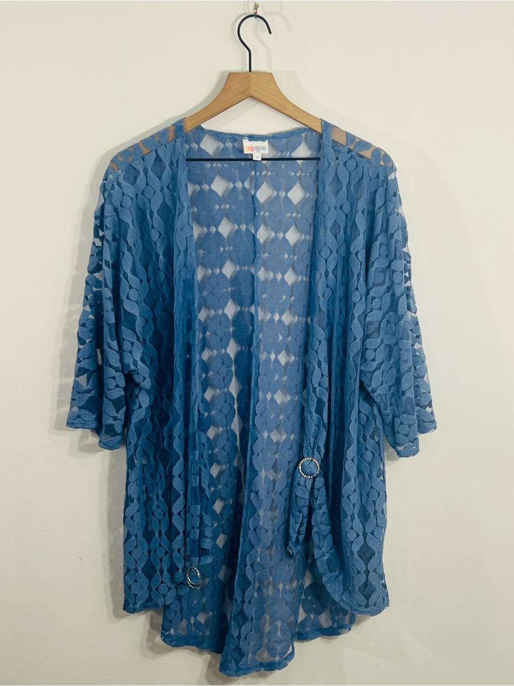 LulaRoe Open Front Baby Blue Sheer Lace Kimono Cardigan Light Weight Casual Sz M